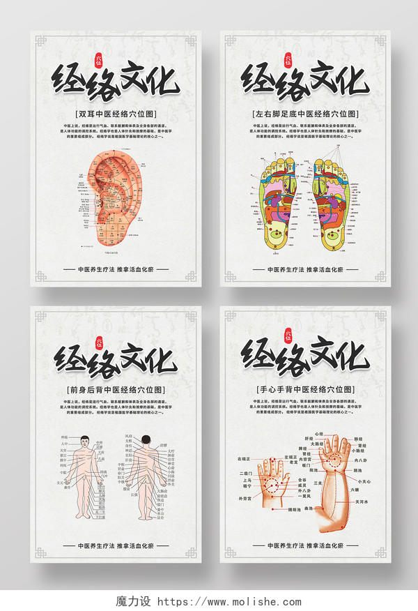 灰色复古人体经络文化宣传海报套图中医人体经络穴位图套图